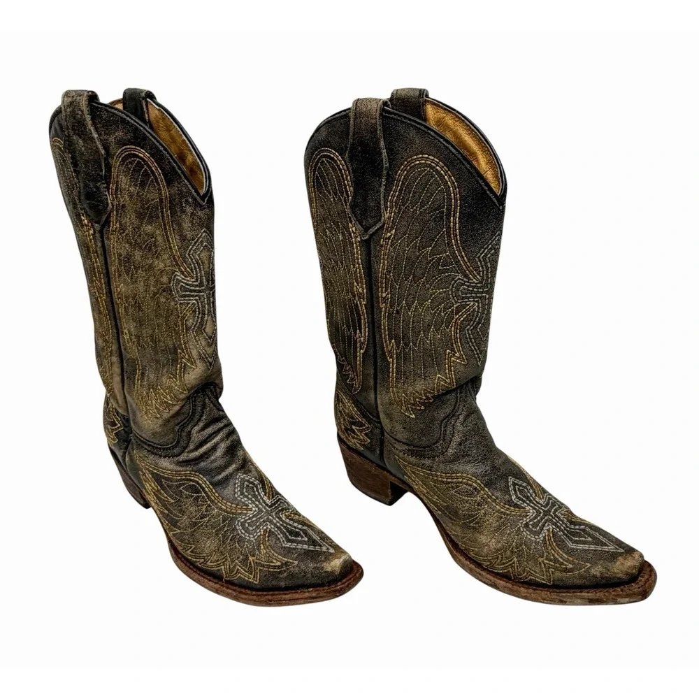 Corral Teen A1029 Youth 2.5T Distressed Black Leather Wings Cross Snip Toe Boots